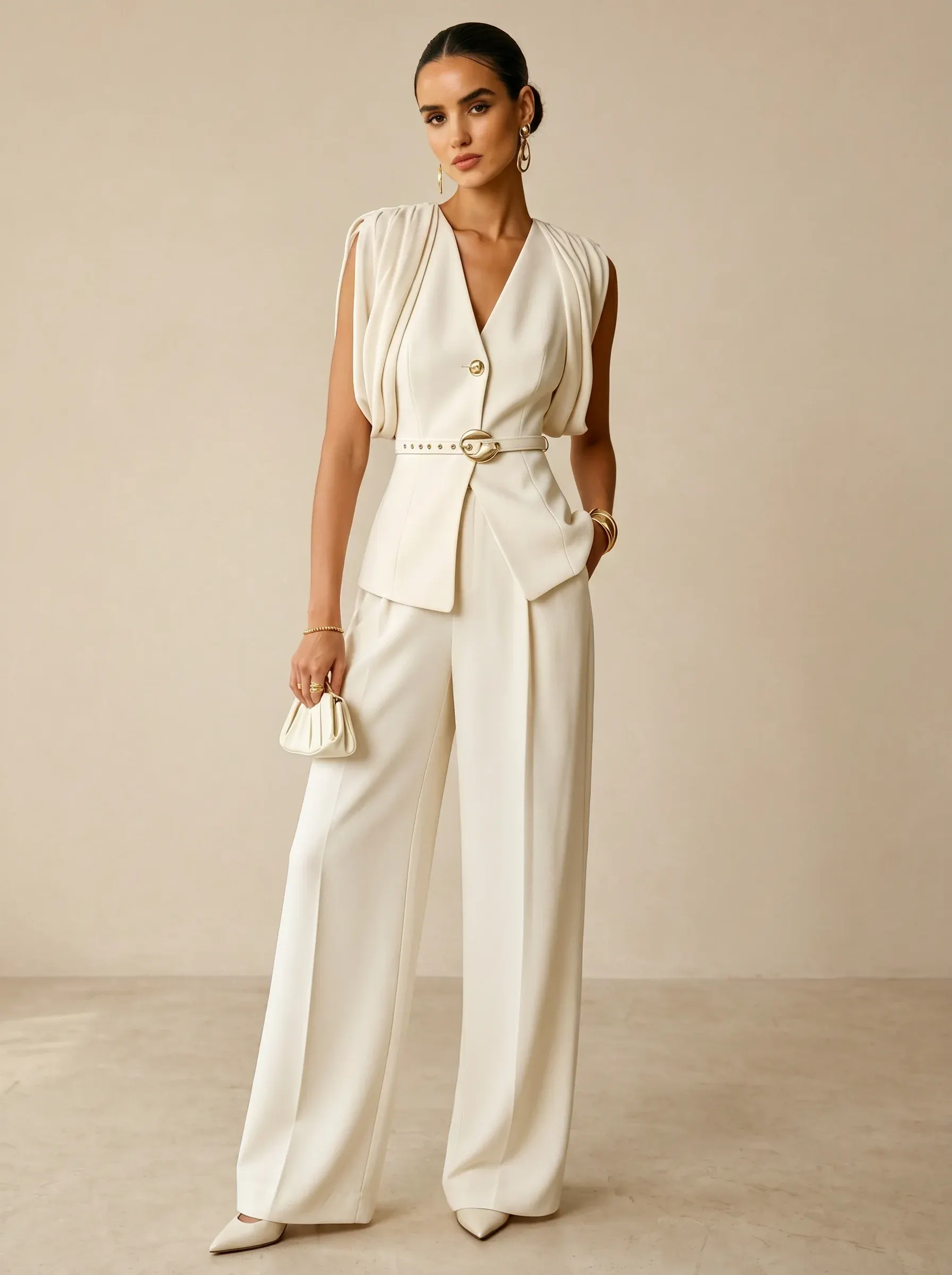 White V-Neck Sleeveless Elegant Coat With Pants Two-Piece Set