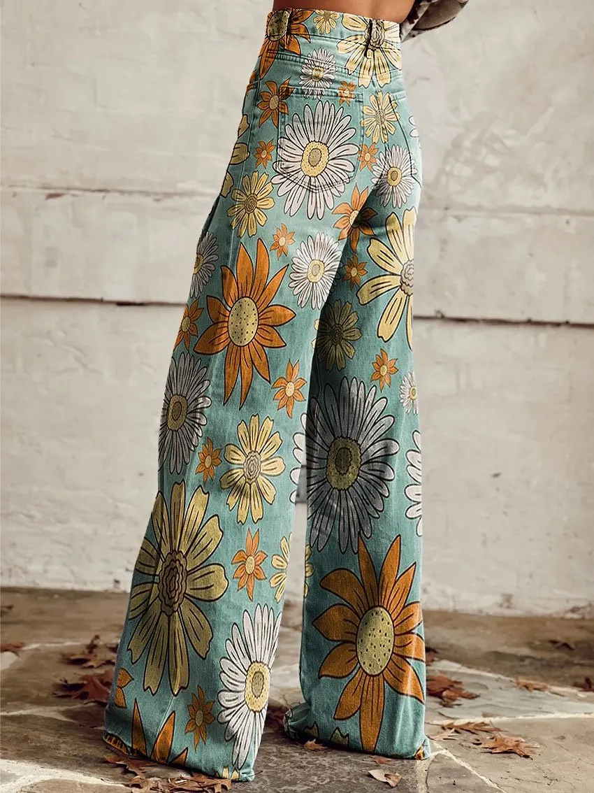 Vintage Floral Daisy Print Casual Wide-Leg Pants