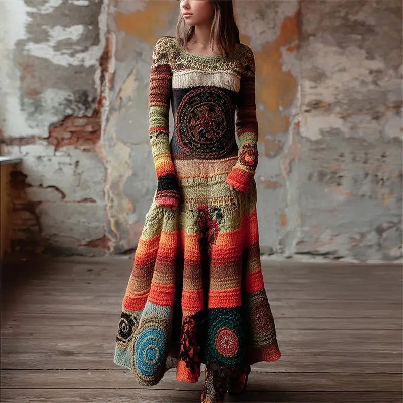 Boho Mandala Crochet Geometric Colorblock Maxi Sweater Dress