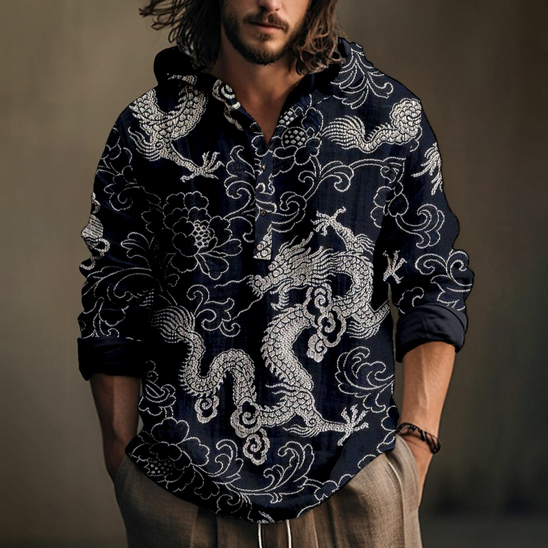 Men's Retro Traditional Dragon Art Linen Hooded Shirt