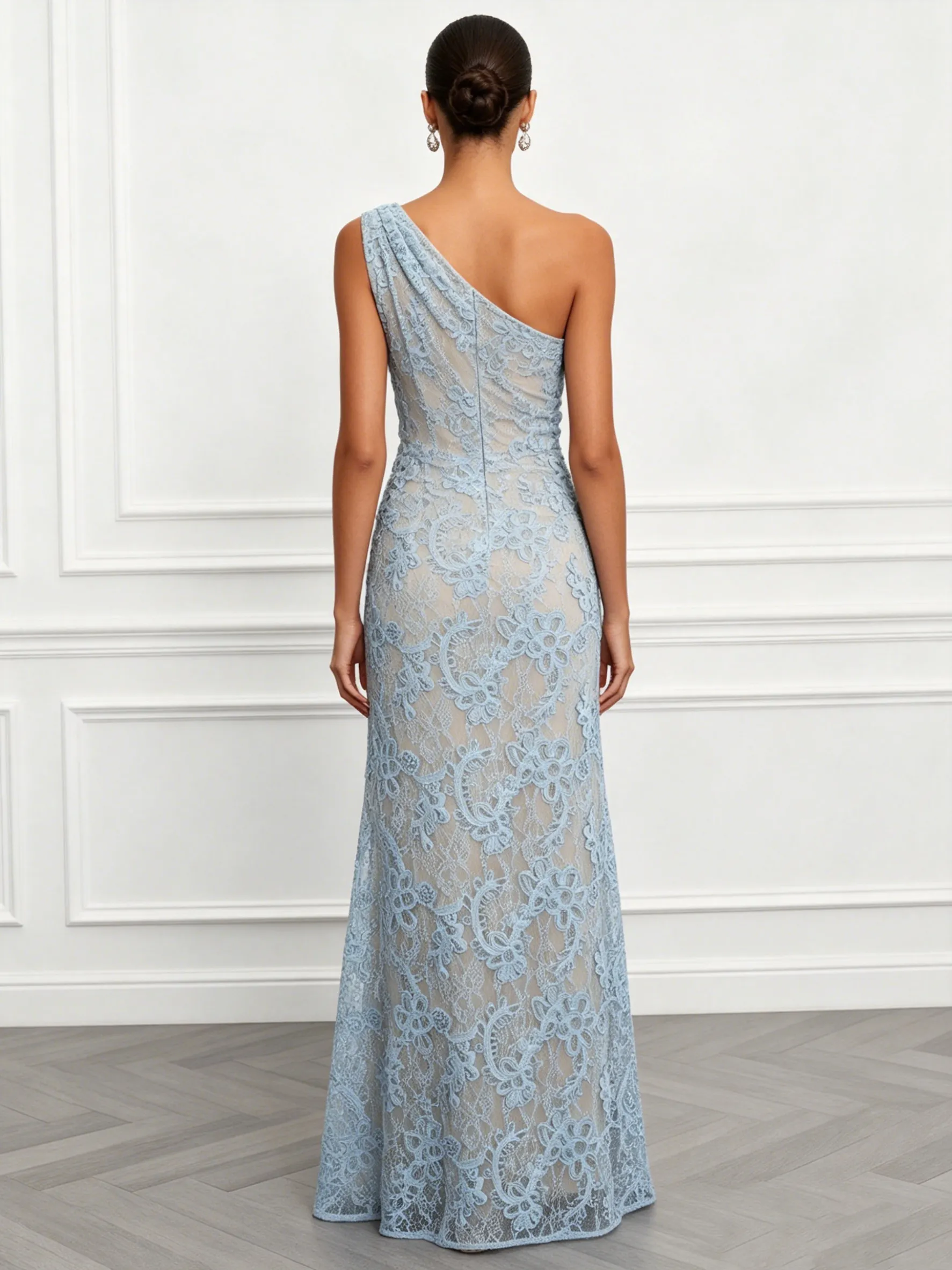 Light Blue Lace Jacquard One-Shoulder Sleeveless Mermaid Floor-length Gown