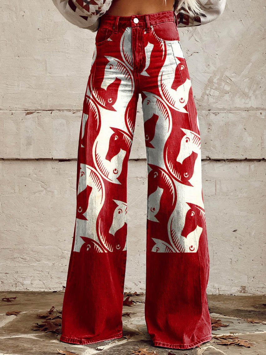 Red Western Print Casual Wide-Leg Pants