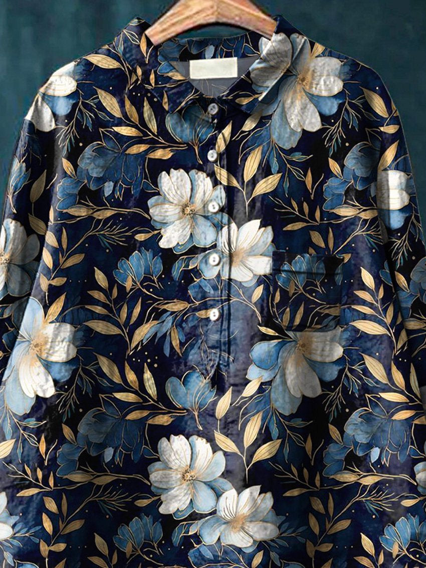 Midnight White Magnolia Floral Pattern Printed Women's Casual Cotton & Linen Shirt
