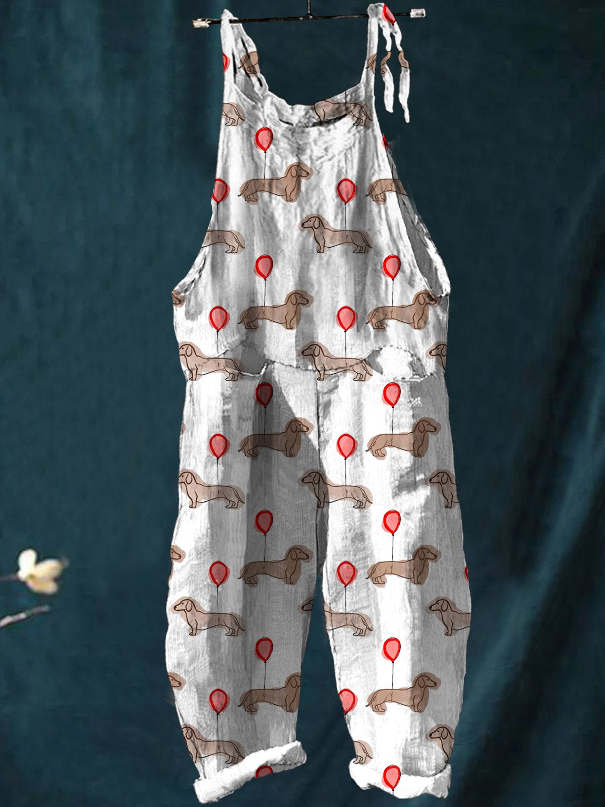 Dachshund Dog & Red Balloon Repeat Pattern Printed Women's Casual Wide-Leg Jumpsuit