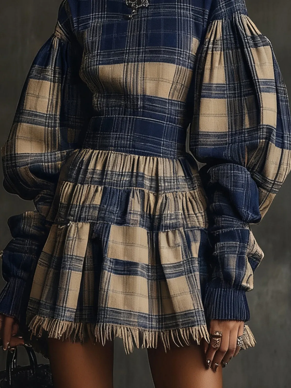 Checked High-Neck Balloon Sleeve Mini Dress