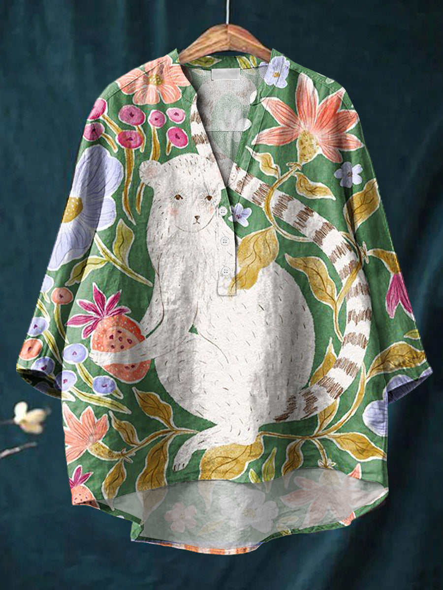 Beautiful Flowers Monkey Painting Art Print Casual Cotton & Linen Ruffle Shirt