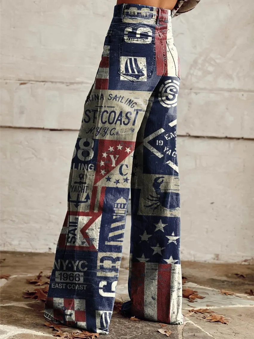 Flag Element Print Casual Wide-Leg Pants