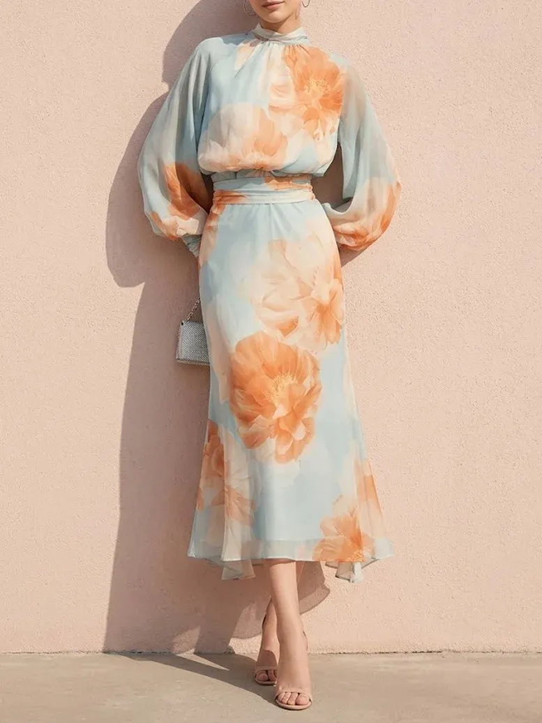 Light Blue Floral Chiffon Mock Neck Long-Sleeve Balloon Sleeve Romantic Top With Skirt Two-Piece Set