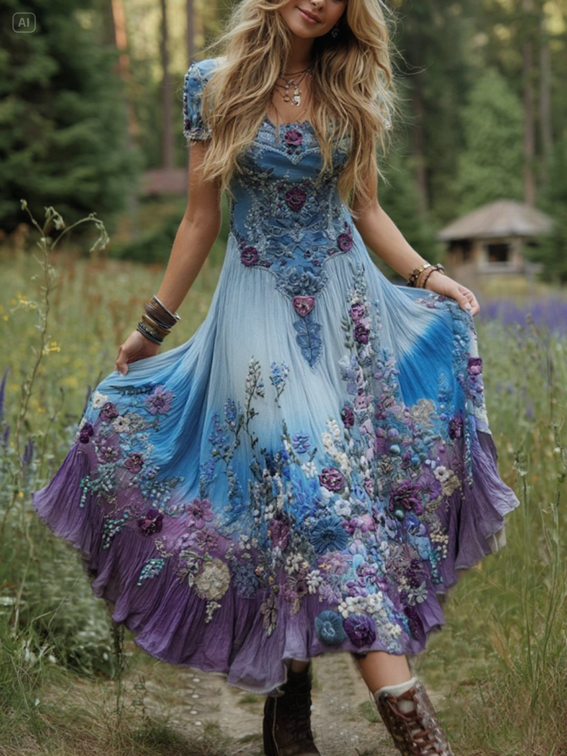 Classy Gradient Purple Lavender And Floral Embroidered Maxi Dress