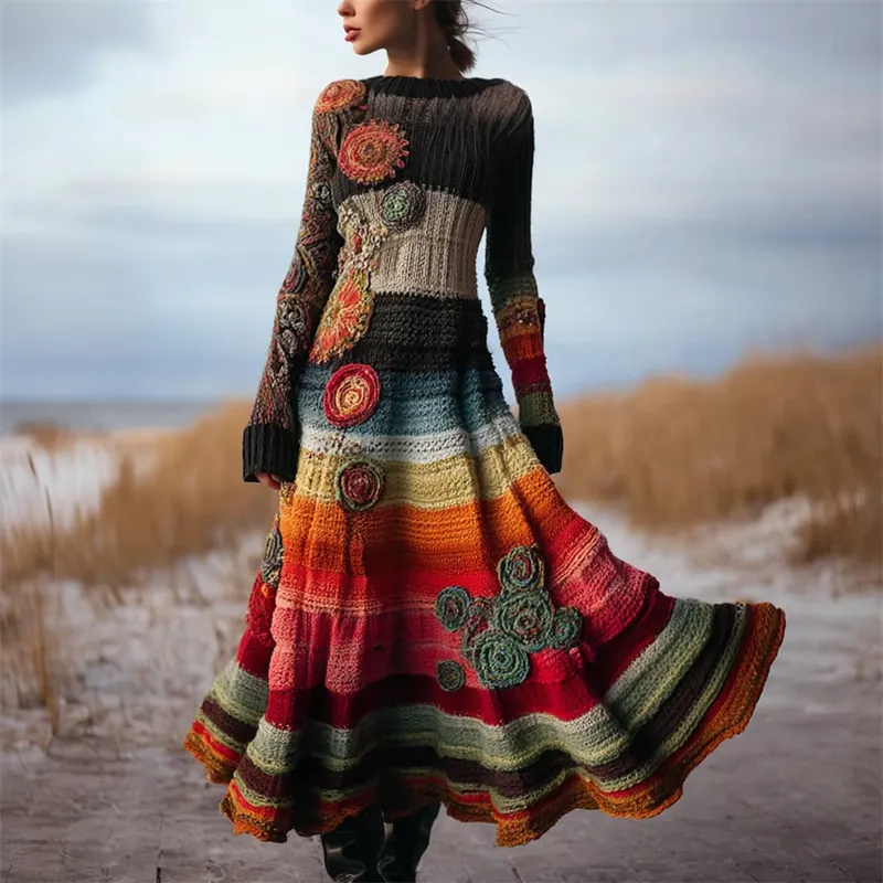 Boho Floral Crochet Colorful Striped Maxi Sweater Dress