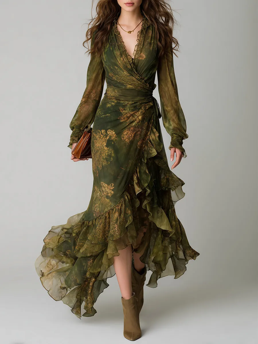 Bohemian Holiday Print Irregular Ruffled Hem Chiffon Maxi Dress