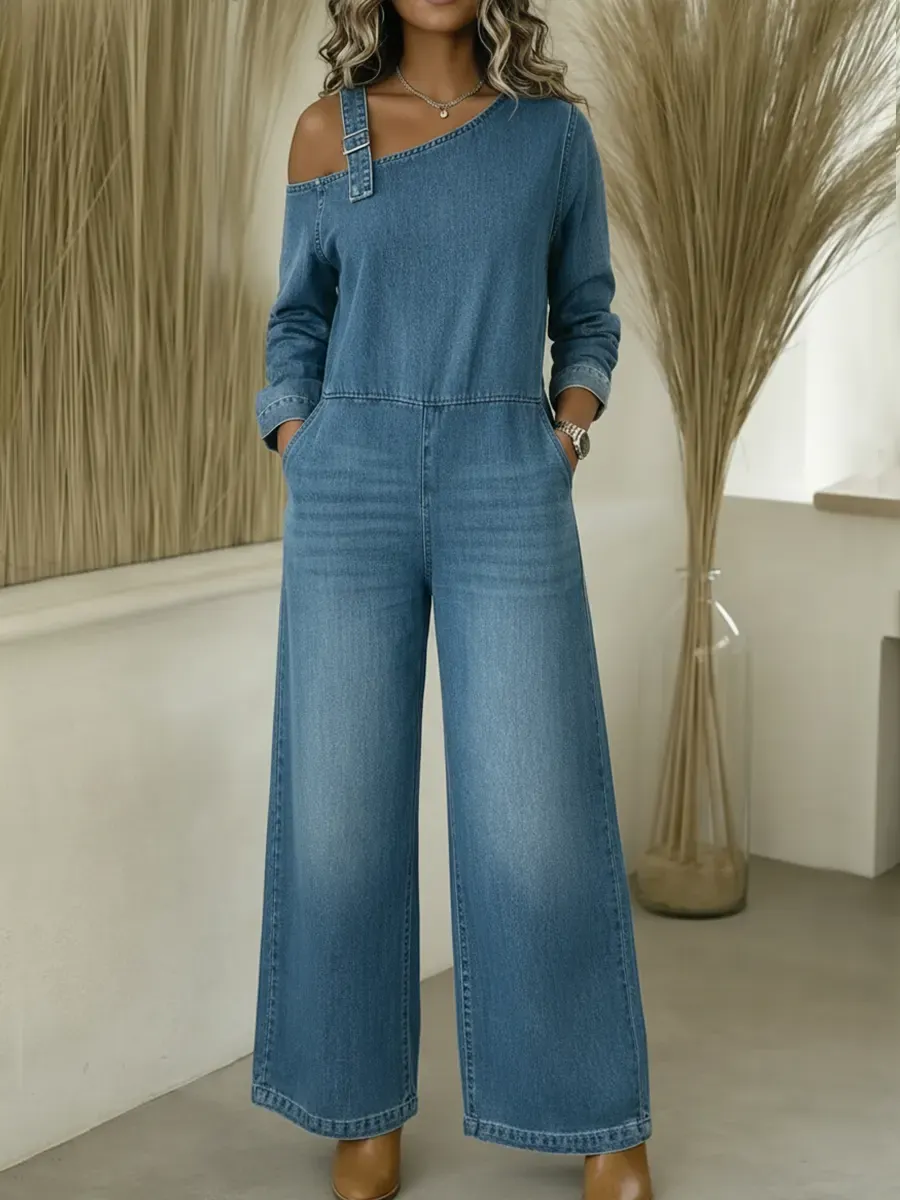 Off-the-shoulder Denim Jumpsuit