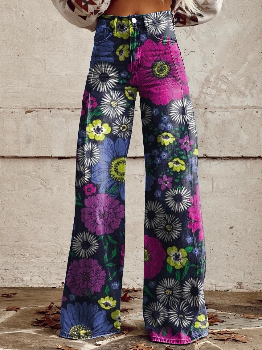 Vintage Floral Print Casual Wide-Leg Pants