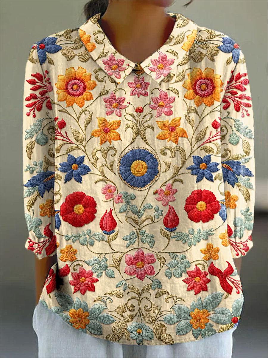 Vintage Flower Art Print Casual Cotton & Linen 3/4 Sleeve Shirt