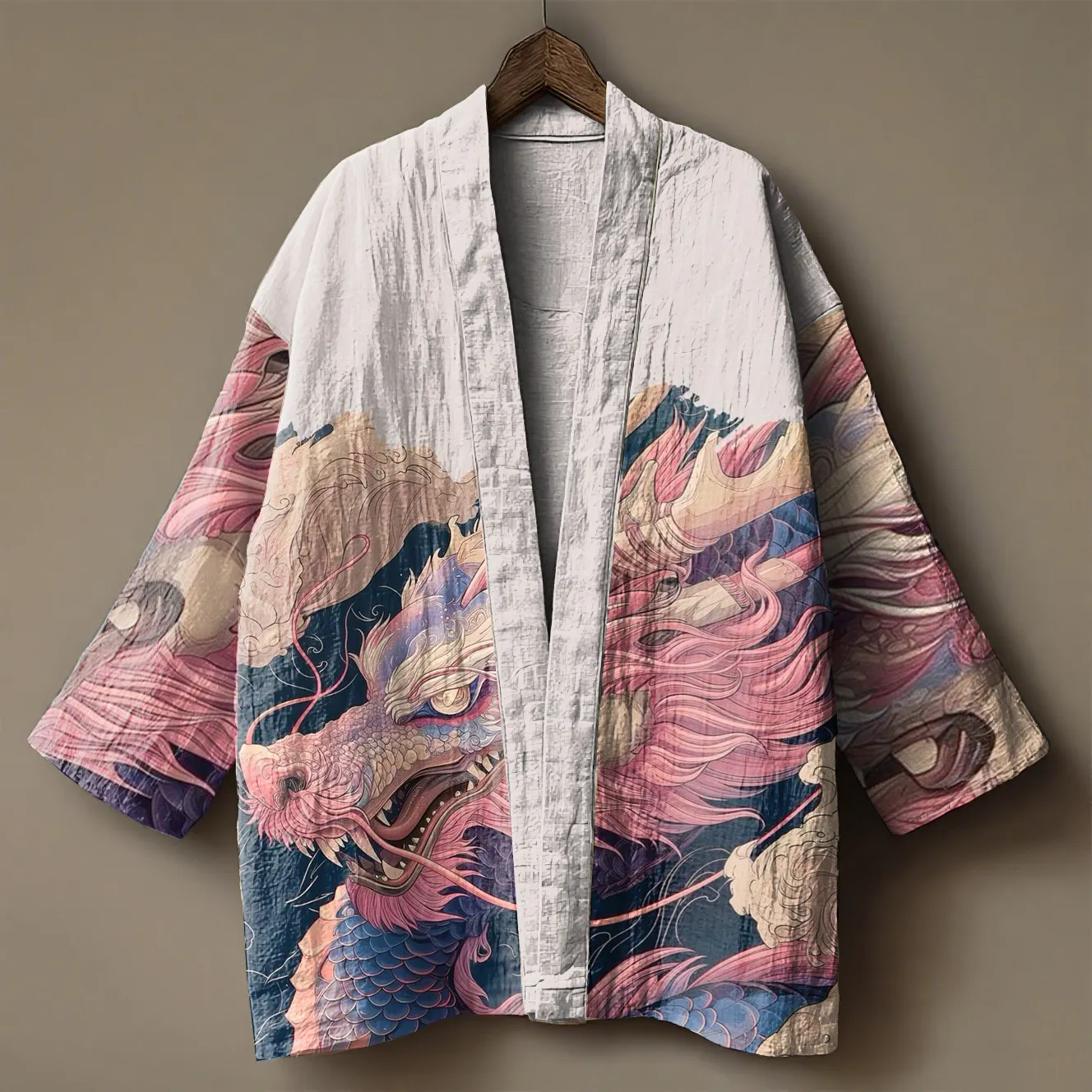 Pink dragon embroidered printed linen cardigan kimono