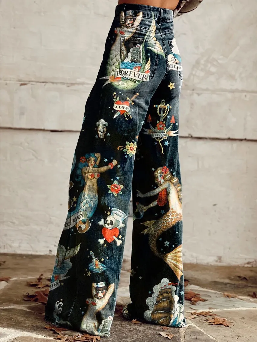 Vintage Mermaid Print Casual Wide-Leg Pants