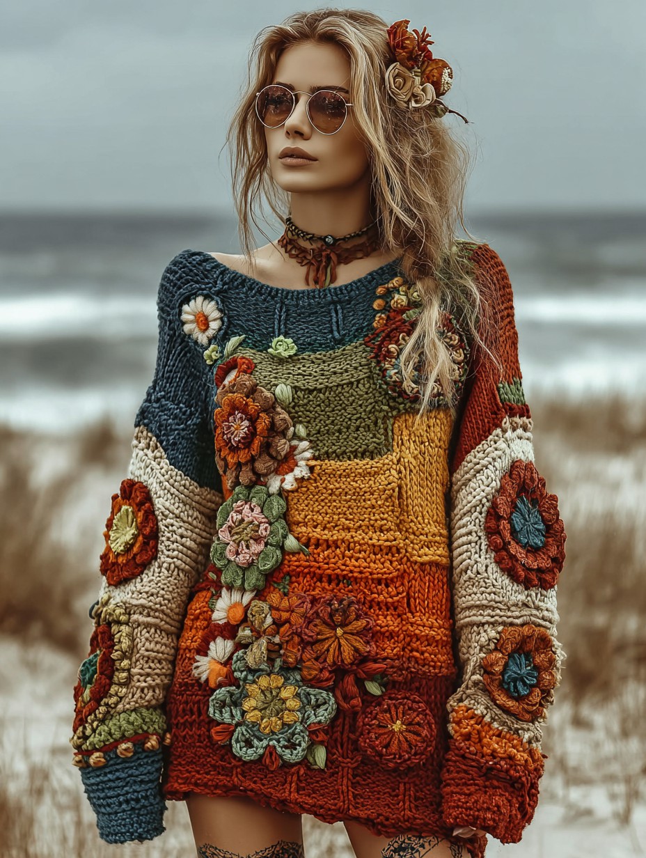 Vintage floral crochet multi-color patchwork comfortable knitted pullover sweater