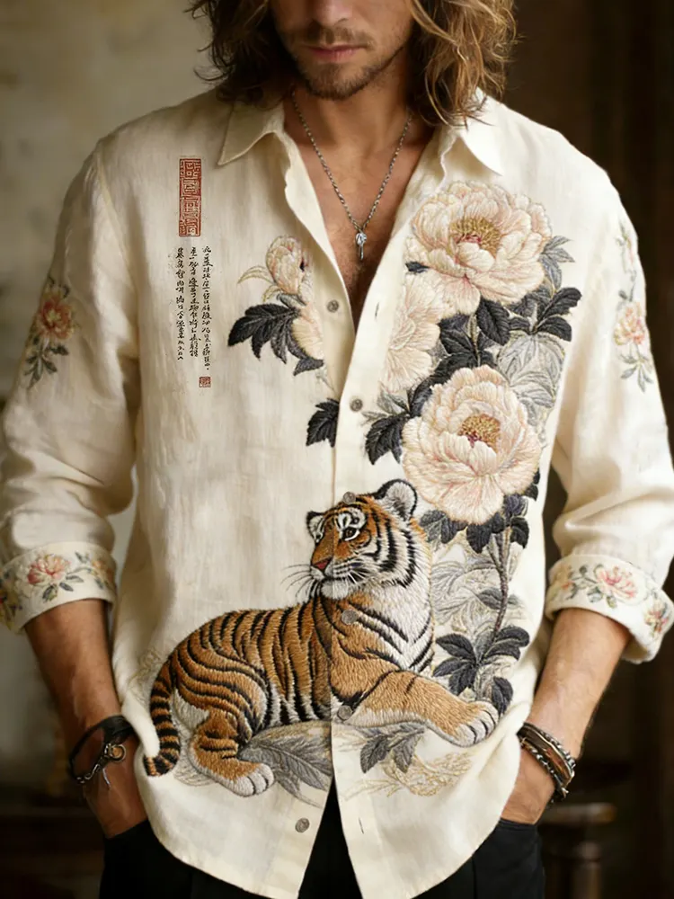 Men's Froal With Tiger Embroidery Painting Art Linen Shirt
