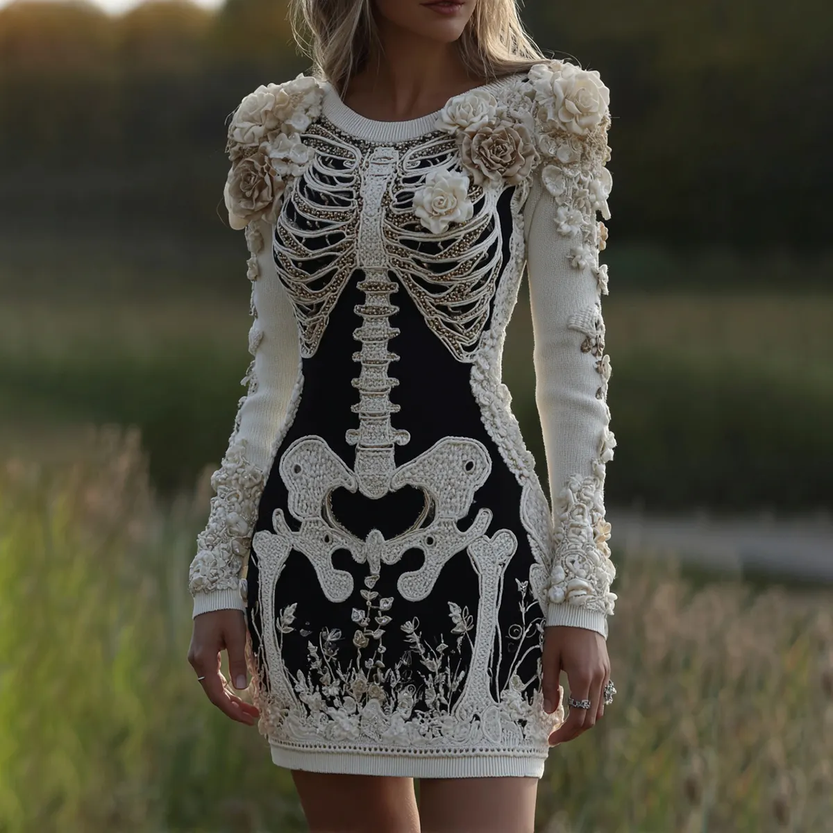 Women's Halloween Skeleton Bones With Rose Art Cozy Knit Mini Sweater Dress