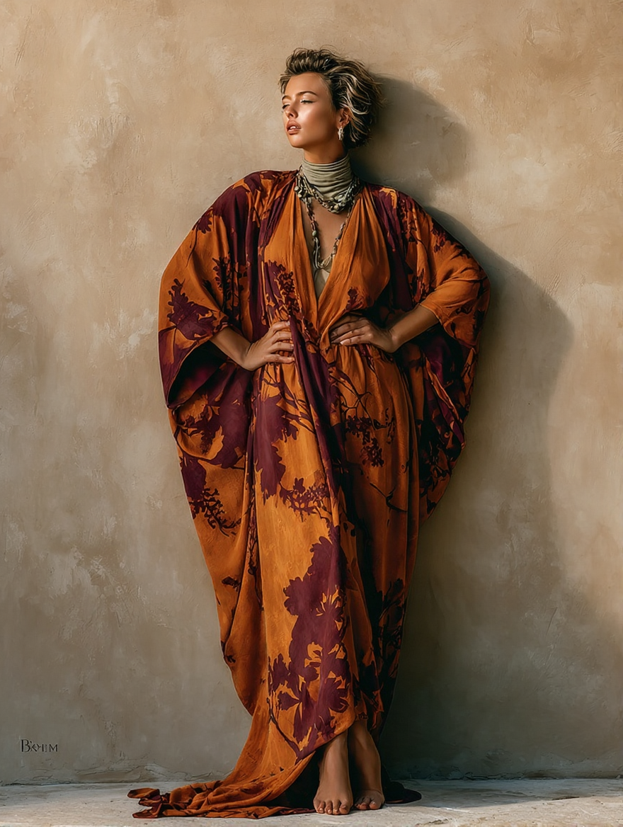 Women's Velvet Vintage Bustling Print Caftan Dress
