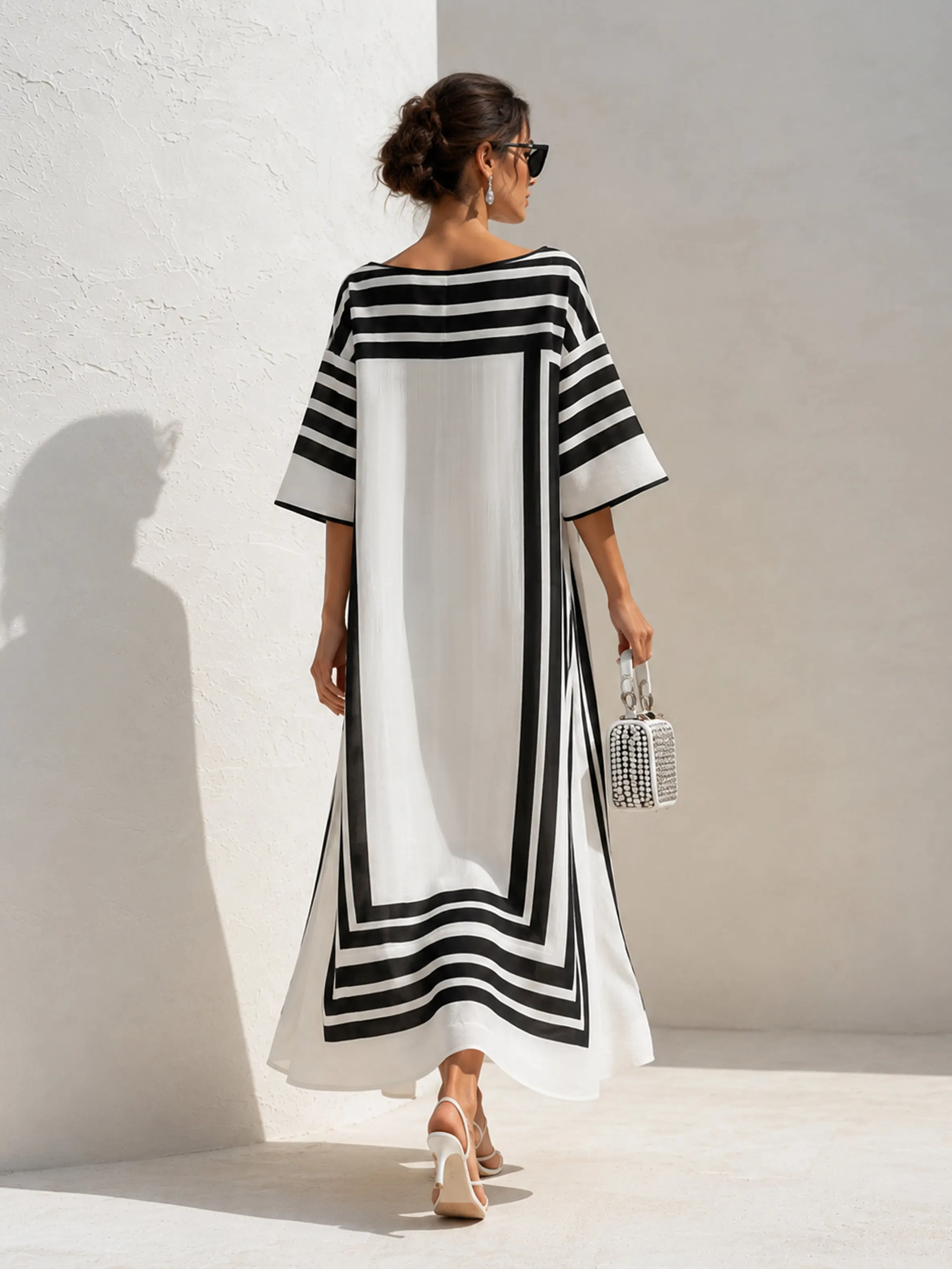 Oversized Black & White Striped Kaftan Maxi Dress