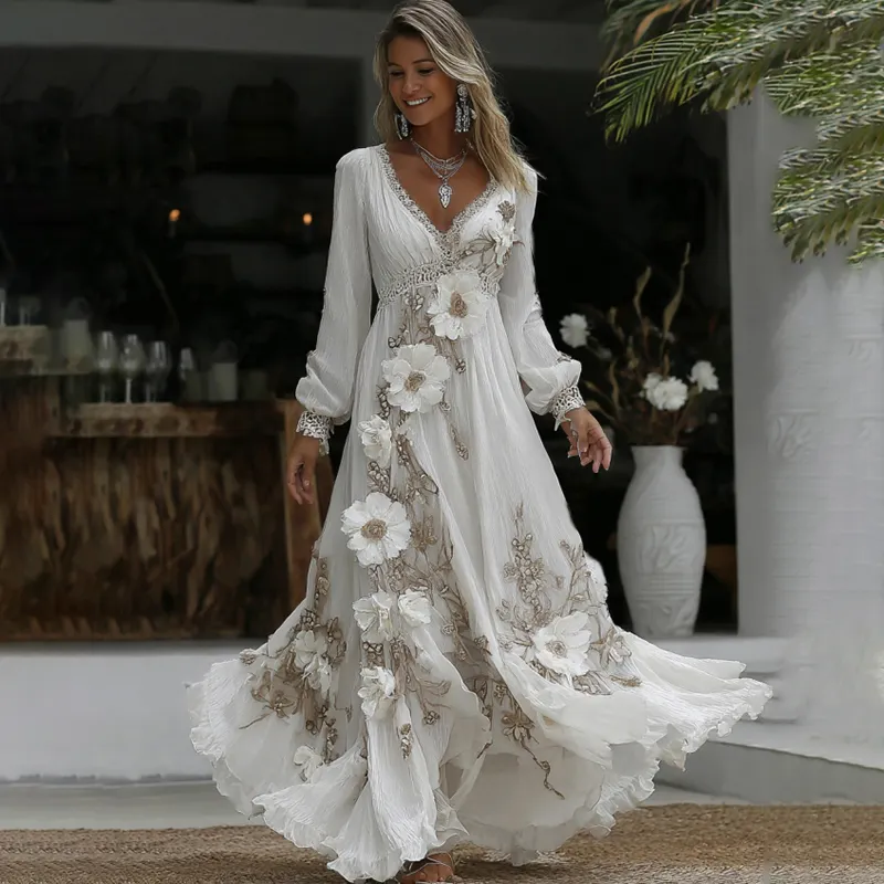 Women's Vintage Floral Embroidery Art V-neck Casual Long Sleeve Maxi Dress