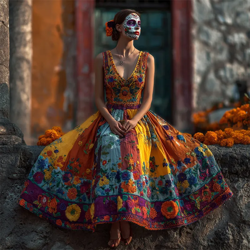 Day Of The Dead Marigolds Floral Embroidered Colorblock Linen Maxi Evening Dress