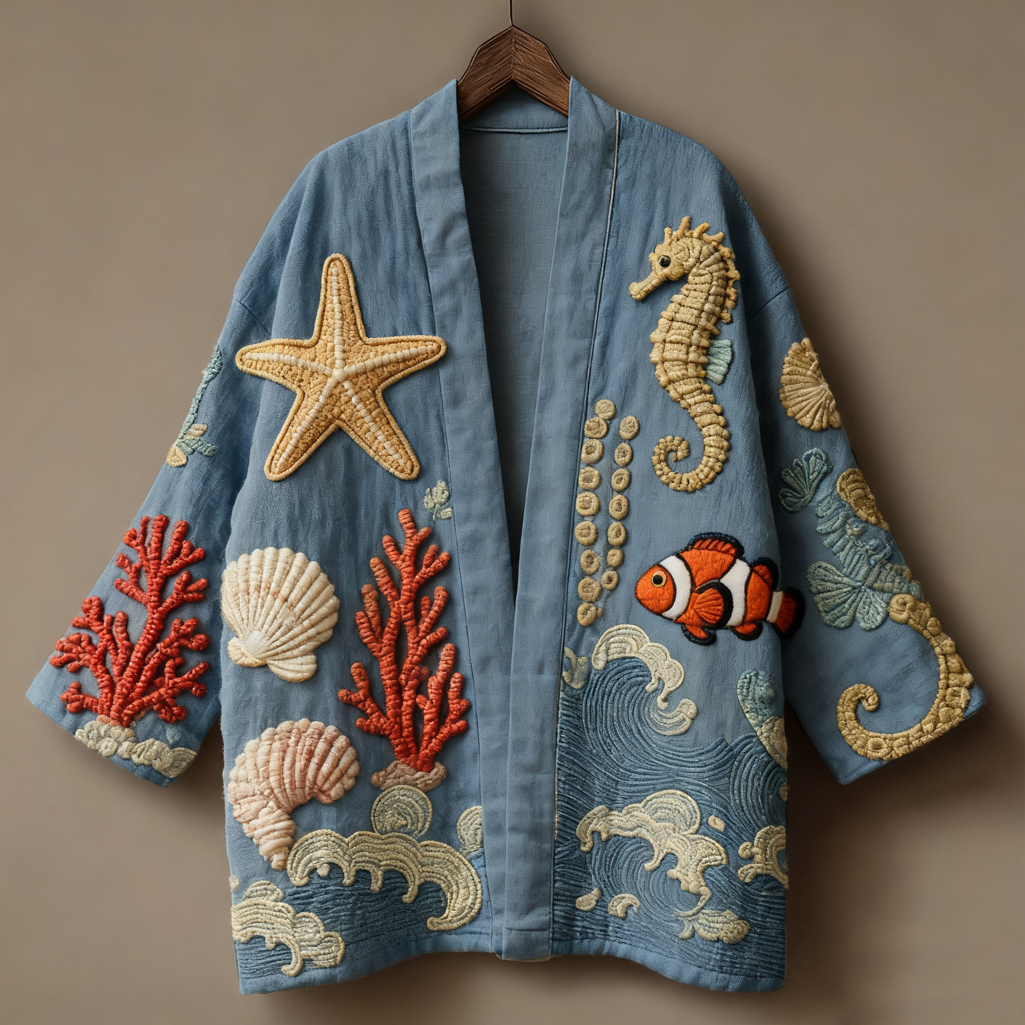 Japanese art ukiyo-e three-dimensional embroidered linen kimono cardigan