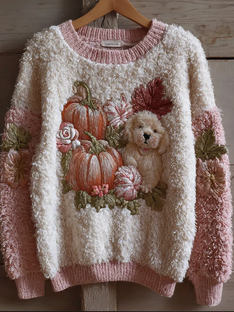 Cute Puppy And Pumpkin Pink White Spliced Warm Sweater