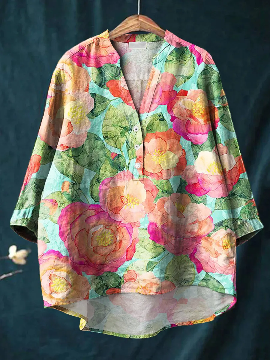 Beautiful Colorful Floral Painting Art Print Casual Cotton & Linen Ruffle Shirt