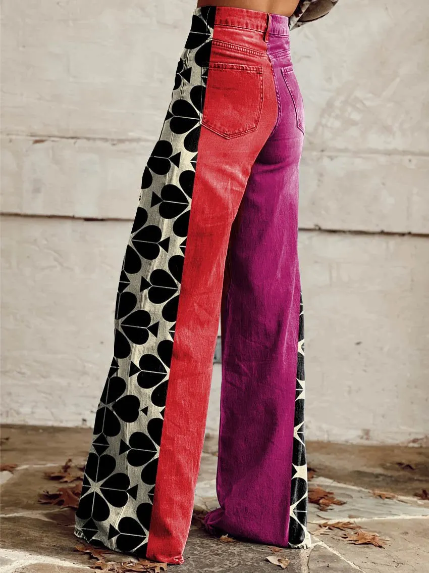 Red Print Casual Wide-Leg Pants