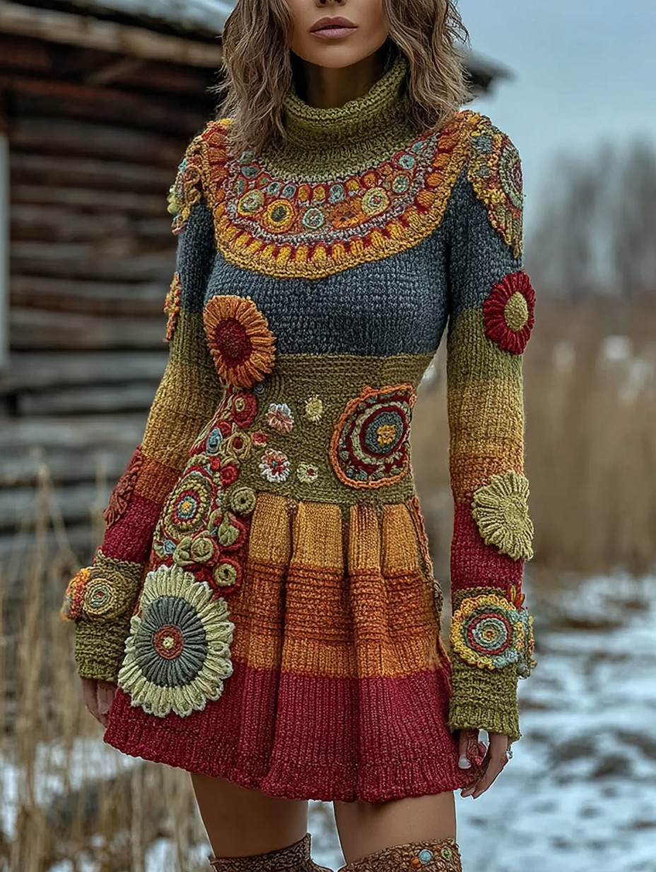 Vintage Floral Crochet Colorblock Cozy mini Sweater Dress