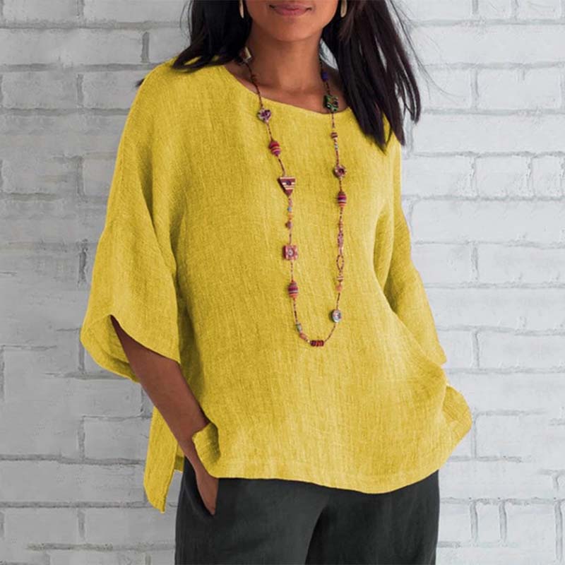 3/4 Sleeve Round Neck Cotton & Linen T-Shirt