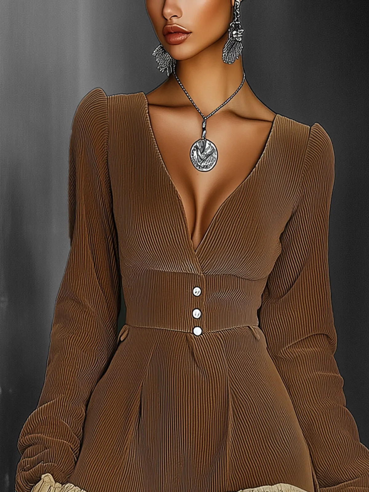 Brown Ruffled Button-Accent Mini Dress