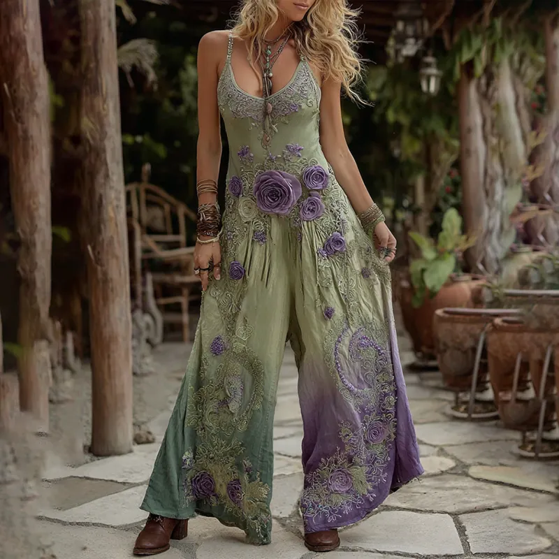 Vintage Classy Gradient Purple Lavender And Floral Embroidered Pattern Art Cotton Jumpsuit