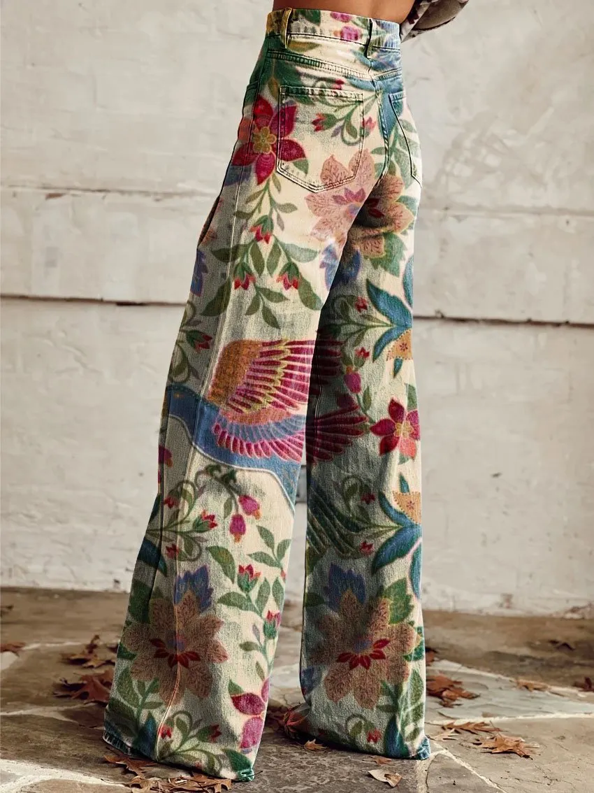 Vintage Print Casual Wide-Leg Pants