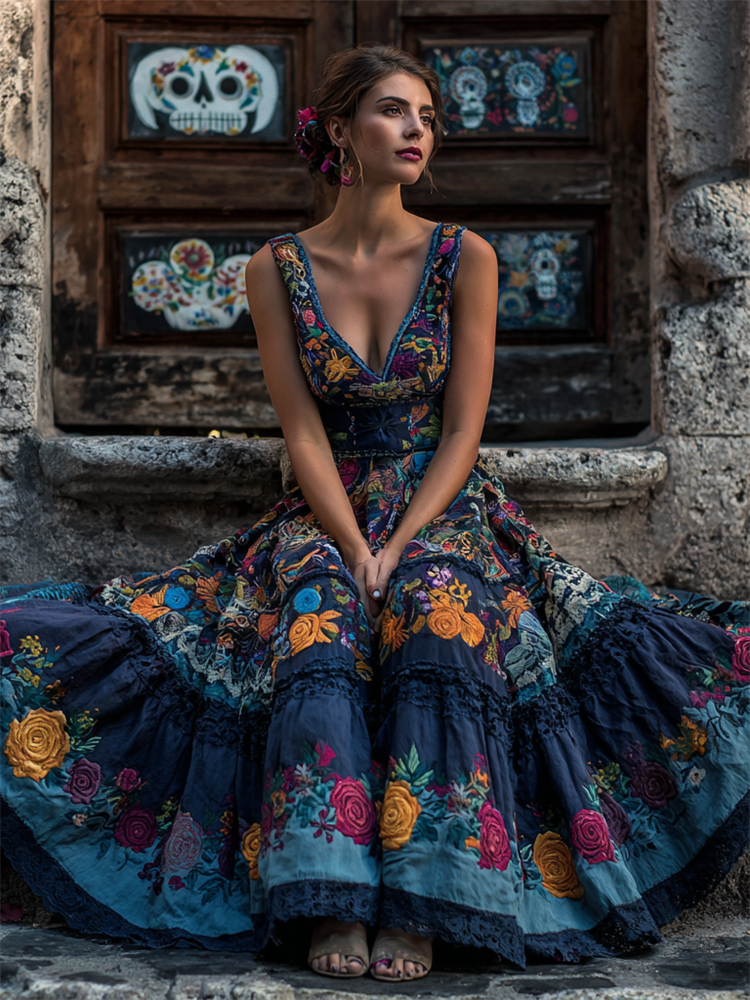 Day Of The Dead Boho Mexican Floral Embroidered Linen Maxi Dress