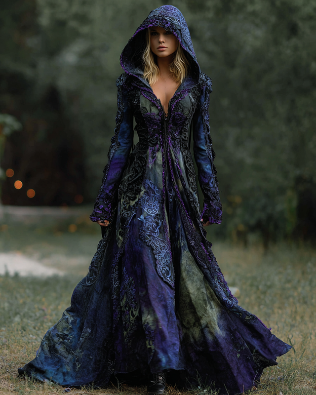 Boho Witch Gradient Tie-Dye Irregular Ruffle Lace Hooded Linen Evening Dress 0178