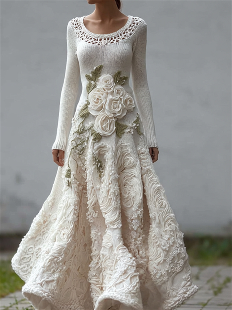 Classy White Roses Lace Patchwork Cozy Maxi Sweater Dress
