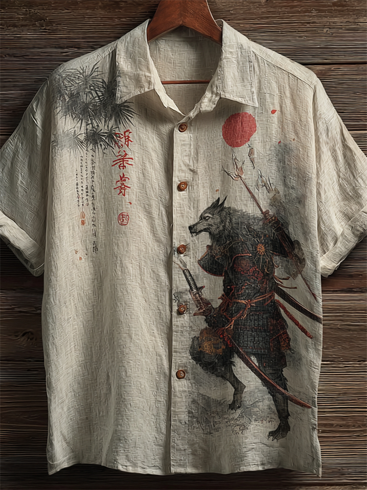 Japanese Wolf Samurai Bamboo Forest Linen Shirt