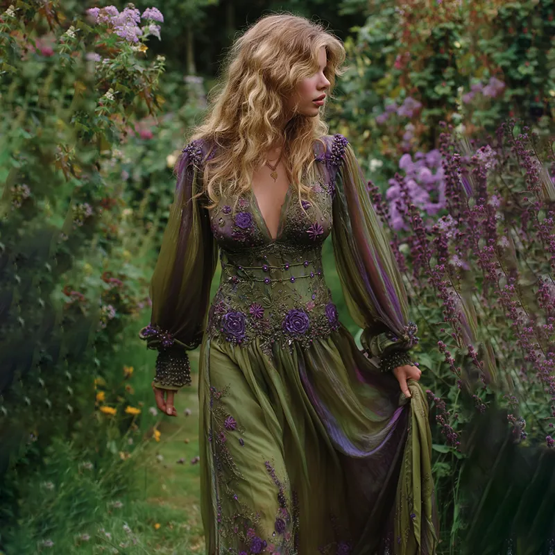 Vintage Purple Gilded Rose Embroidery Long Sleeve V-neck Dress