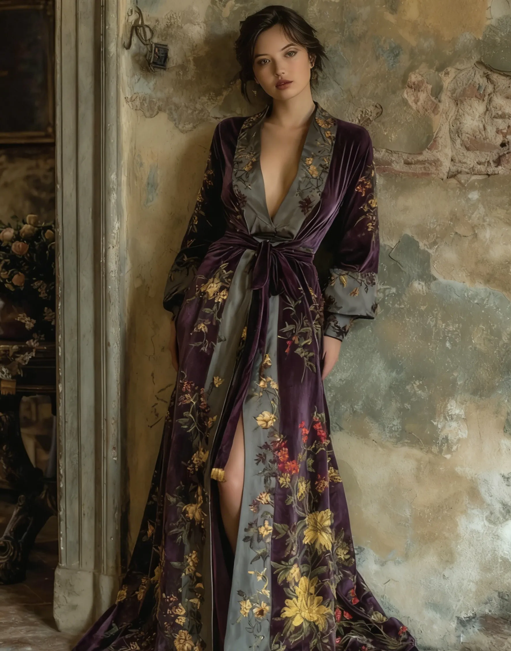 Artistic floral print kimono robe, autumn/winter long robe with sash.