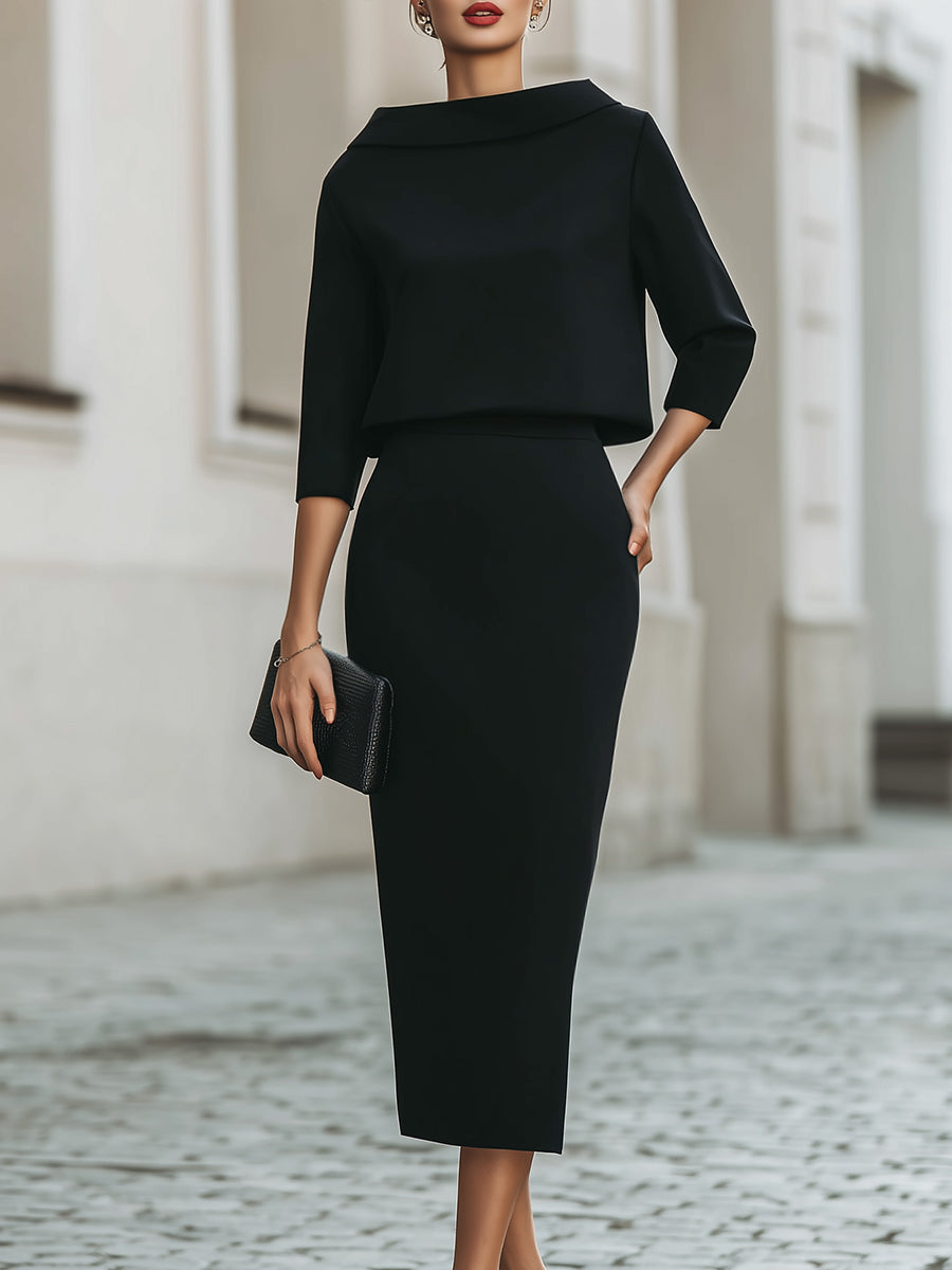 Boat Neck Top & Midi Skirt Set