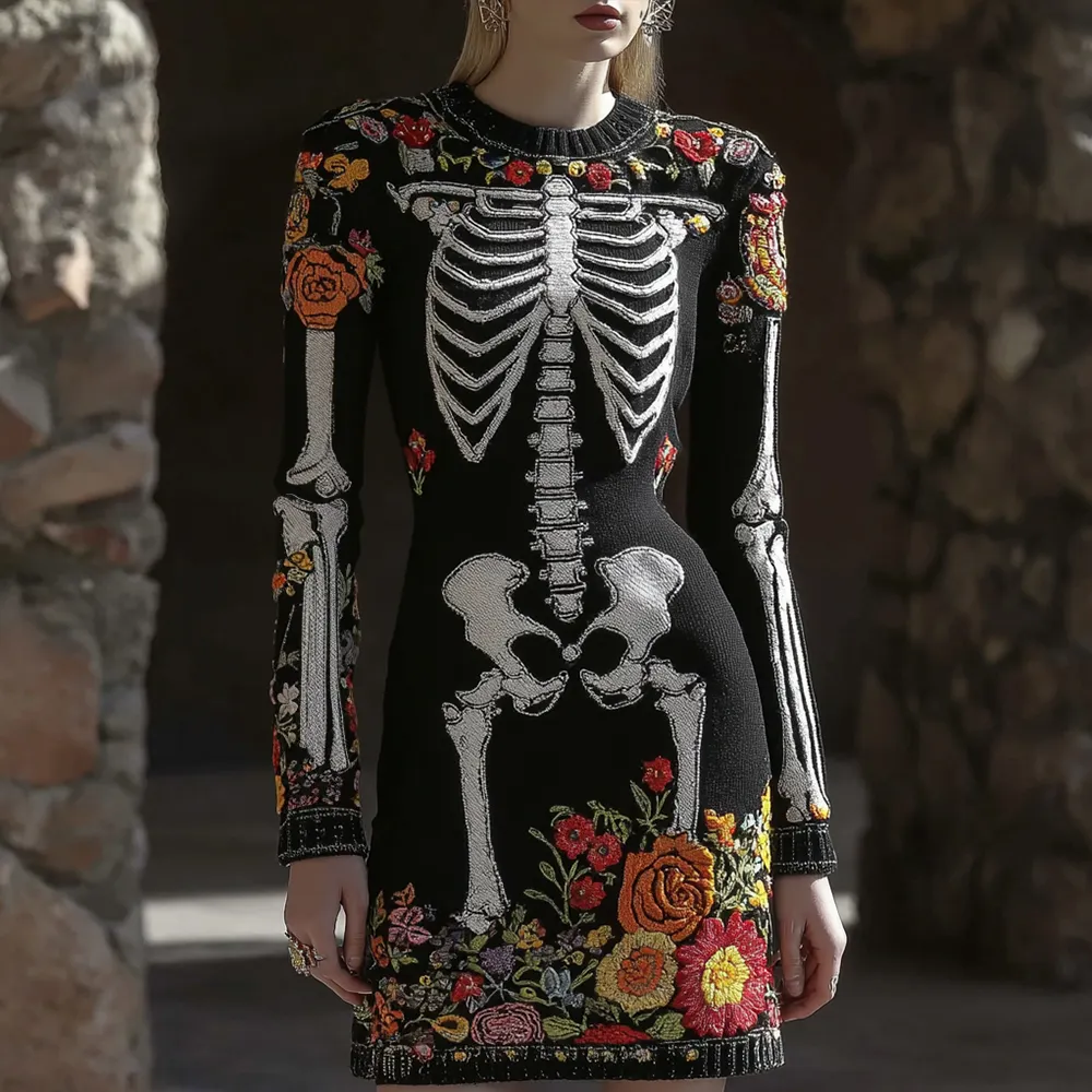Women's Vintage Halloween Skeleton Bones  Flower Comfortable Elegant Sweater Dress