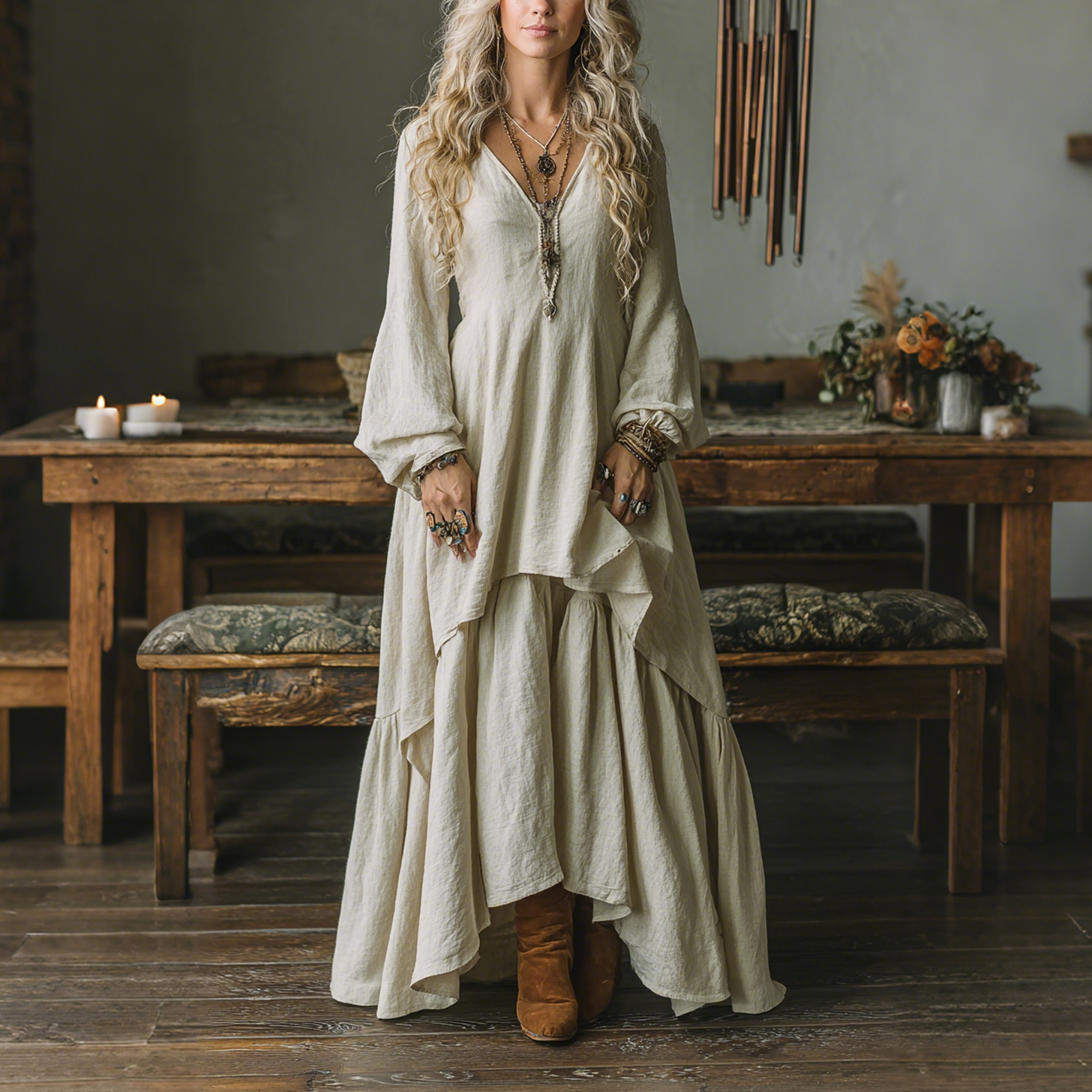Elegant V-neck High-waisted Long-sleeved Oversized Comfortable And Breathable Dress
