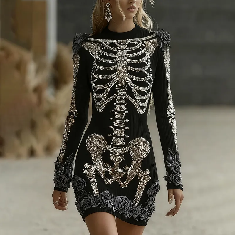 Women's Halloween Skeleton Bones With Glitter And Rose  Art Cozy Knit Mini Sweater Dress