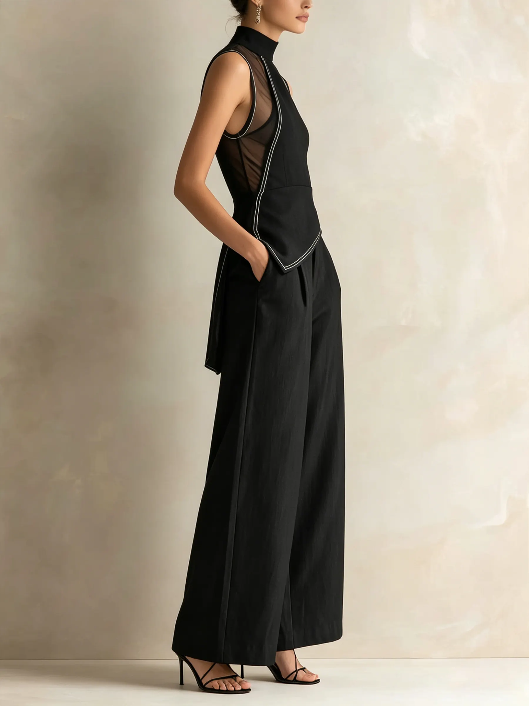 Sheer Mock Neck Top & Tailored Wide-Leg Pants Set