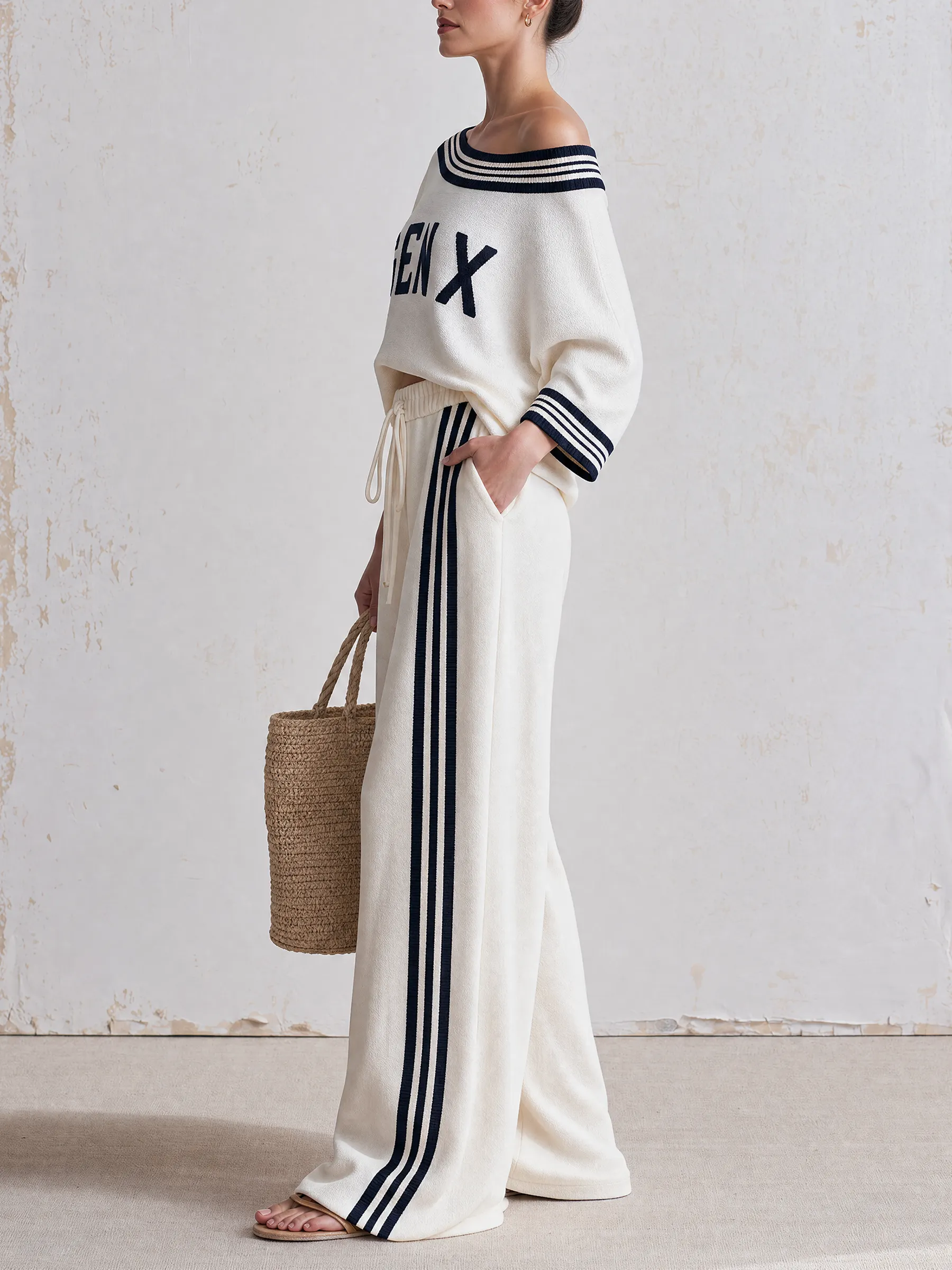 Off-Shoulder Striped Collar GEN X Matching Sweatshirt & Side Stripe Wide-Leg Pants Two-Piece Set
