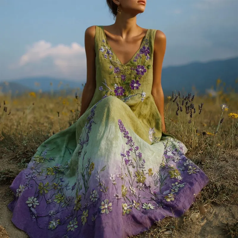 Vintage Purple Flowers Embroidered Gradient Linen Maxi Dress