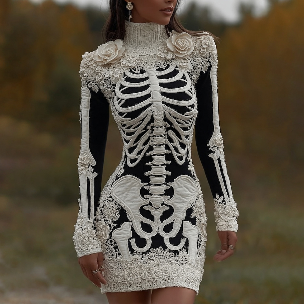 Women's Halloween Skeleton Bones With Rose Art Cozy Knit Turtleneck Mini Sweater Dress